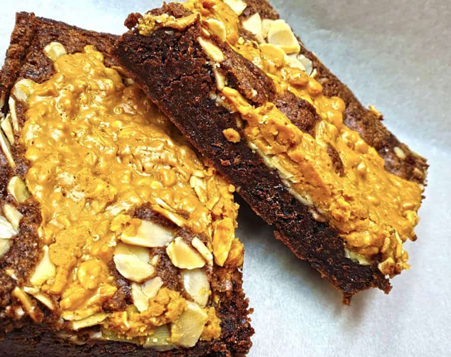 Picture of a Belgian chocolate brownie drizzled in caramel and sprinkled with peanuts, an all time favourite.