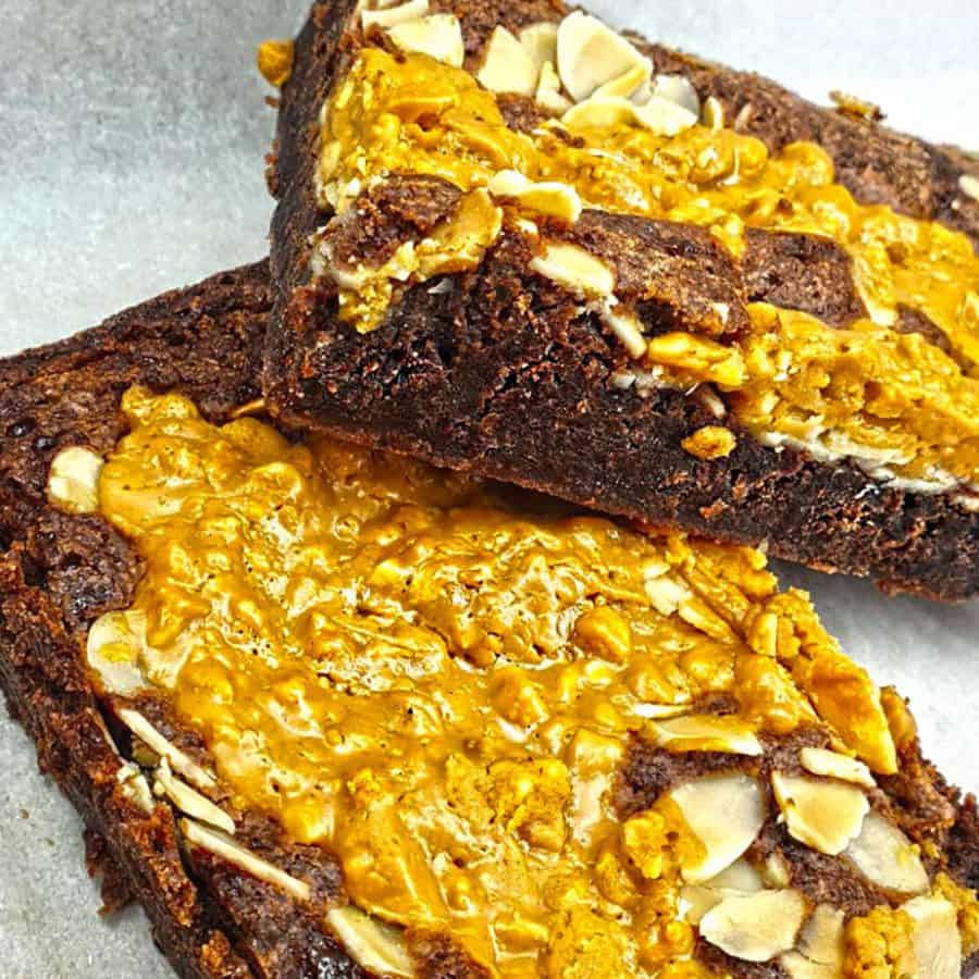 Picture of a Belgian chocolate brownie drizzled in caramel and sprinkled with peanuts, an all time favourite.